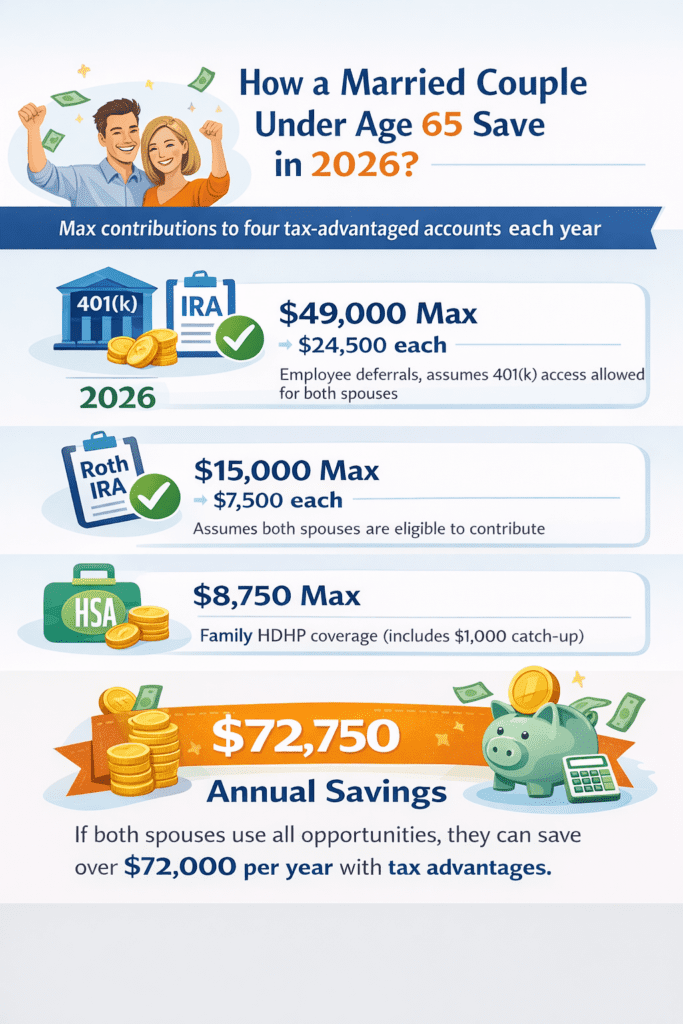 Infographic showing how a married couple under age 65 can maximize annual savings using tax-advantaged accounts in 2026, including two 401(k)s, two Roth IRAs, and a family HSA, totaling more than $72,000 per year.