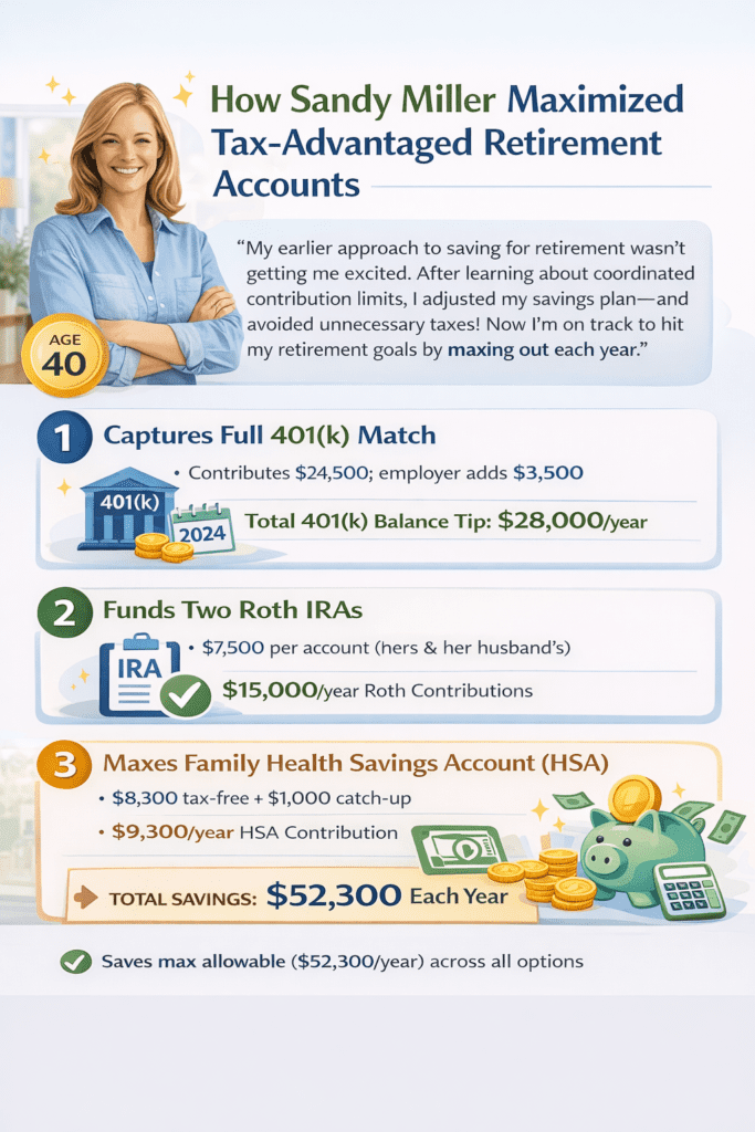 Infographic illustrating Sandy Miller’s retirement strategy, featuring a 40-year-old woman and showing how she coordinated a rollover IRA, Roth IRA contributions, and future HSA funding after changing jobs to maintain consistent tax-advantaged retirement savings.