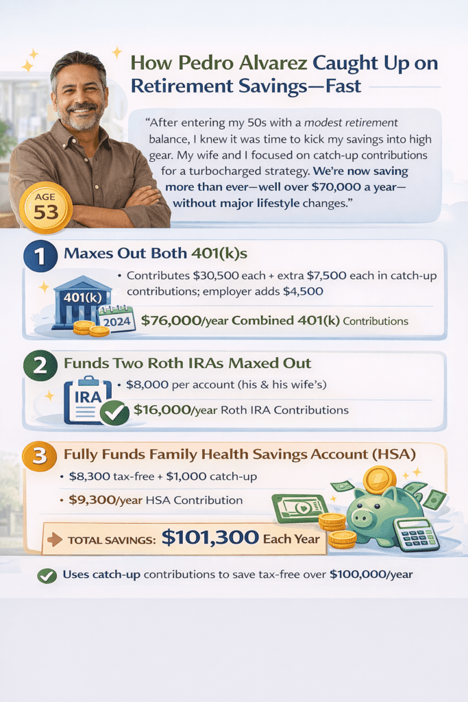 nfographic showing Pedro Alvarez’s Roth IRA–focused retirement strategy, featuring a middle-aged man and illustrating how he prioritized Roth IRA contributions for long-term, tax-free growth and future flexibility, including potential use for a first-time home purchase.