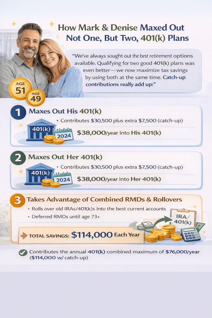 Infographic illustrating Mark and Denise’s retirement planning strategy, showing a middle-aged couple coordinating two 401(k) plans, rollover accounts, and long-term savings to maximize tax-advantaged retirement contributions.