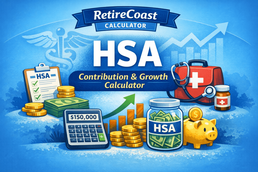 HSA contribution and growth calculator graphic showing a calculator, medical symbols, savings jar, and upward chart illustrating how Health Savings Accounts can grow as part of a retirement strategy.