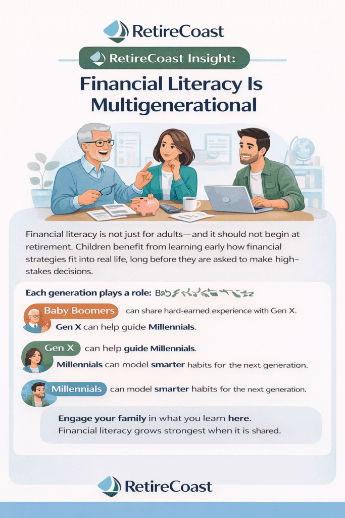 Multigenerational financial literacy infographic showing a Baby Boomer man, a Gen X woman, and a Millennial man illustrating how financial education is passed from one generation to the next.