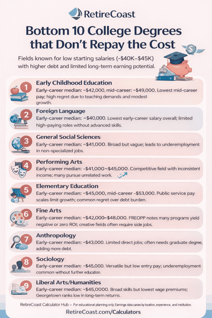 infographic bottom 10 college degrees that don't repay the cost