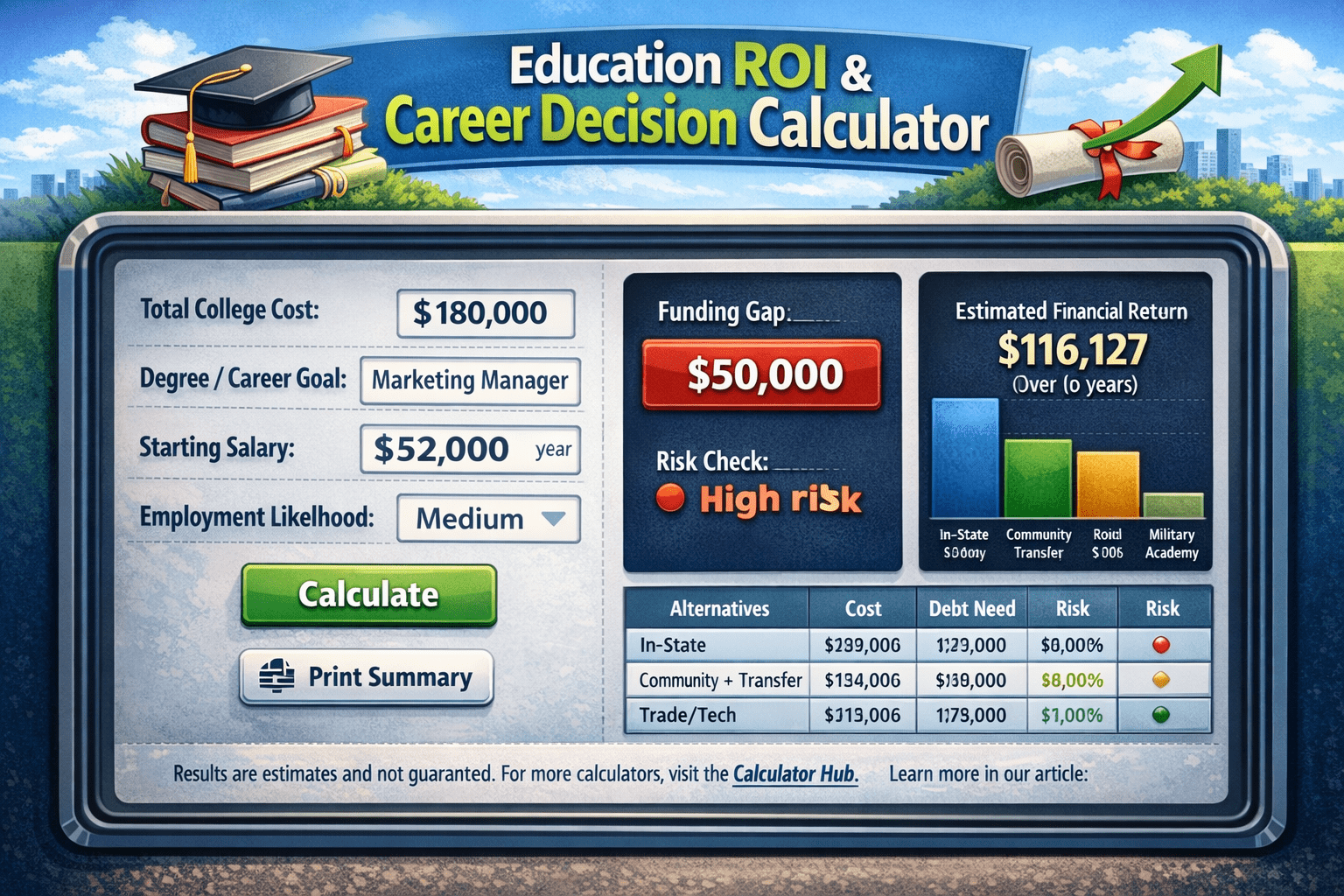 Education ROI and career decision calculator image showing college costs, expected earnings, funding gap, and alternative education paths.