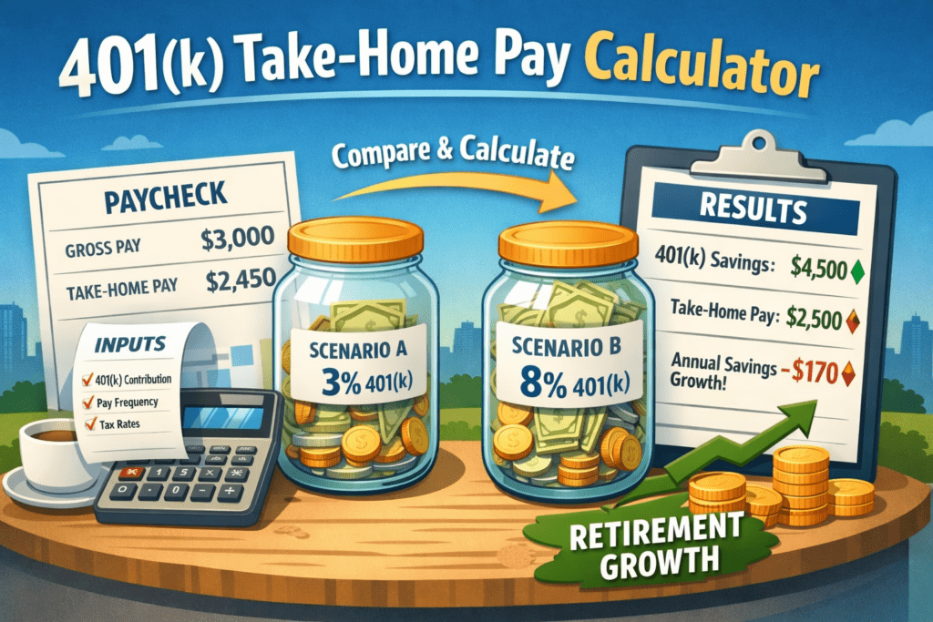 401(k) take-home pay calculator illustration comparing two contribution scenarios (3% vs. 8%), showing paycheck inputs, take-home pay changes, and increased retirement savings growth.