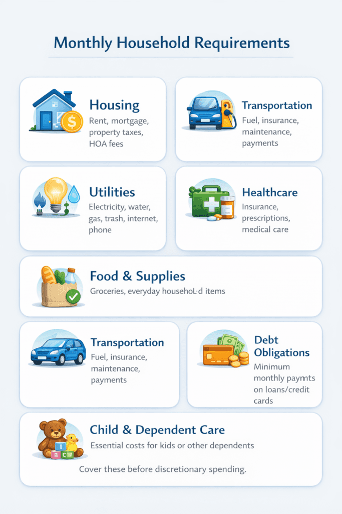 nfographic outlining monthly household requirements, including housing, utilities, food and supplies, transportation, healthcare, debt obligations, and child or dependent care.