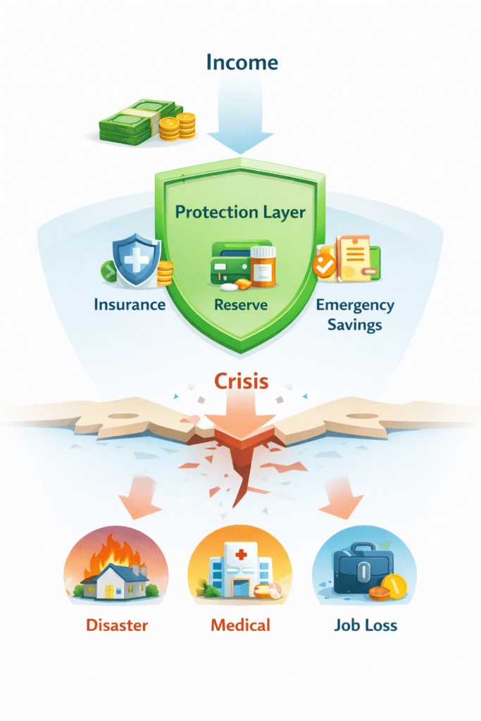 Infographic showing income flowing through a protection layer—insurance, reserves, and emergency savings—that shields a household from crises such as medical events, disasters, and job loss.