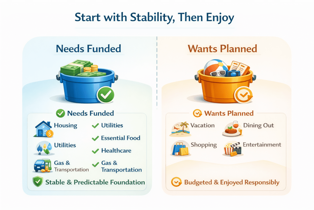 Side-by-side infographic comparing “Needs Funded” and “Wants Planned,” showing essential expenses like housing and utilities prioritized first, with discretionary items such as vacations and dining budgeted separately.