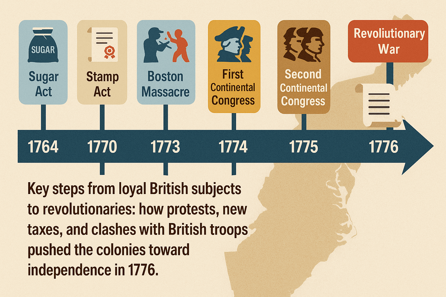 Timeline of major events leading to American independence showing Sugar Act, Stamp Act, and Boston Massacre as key triggers of the American Revolution