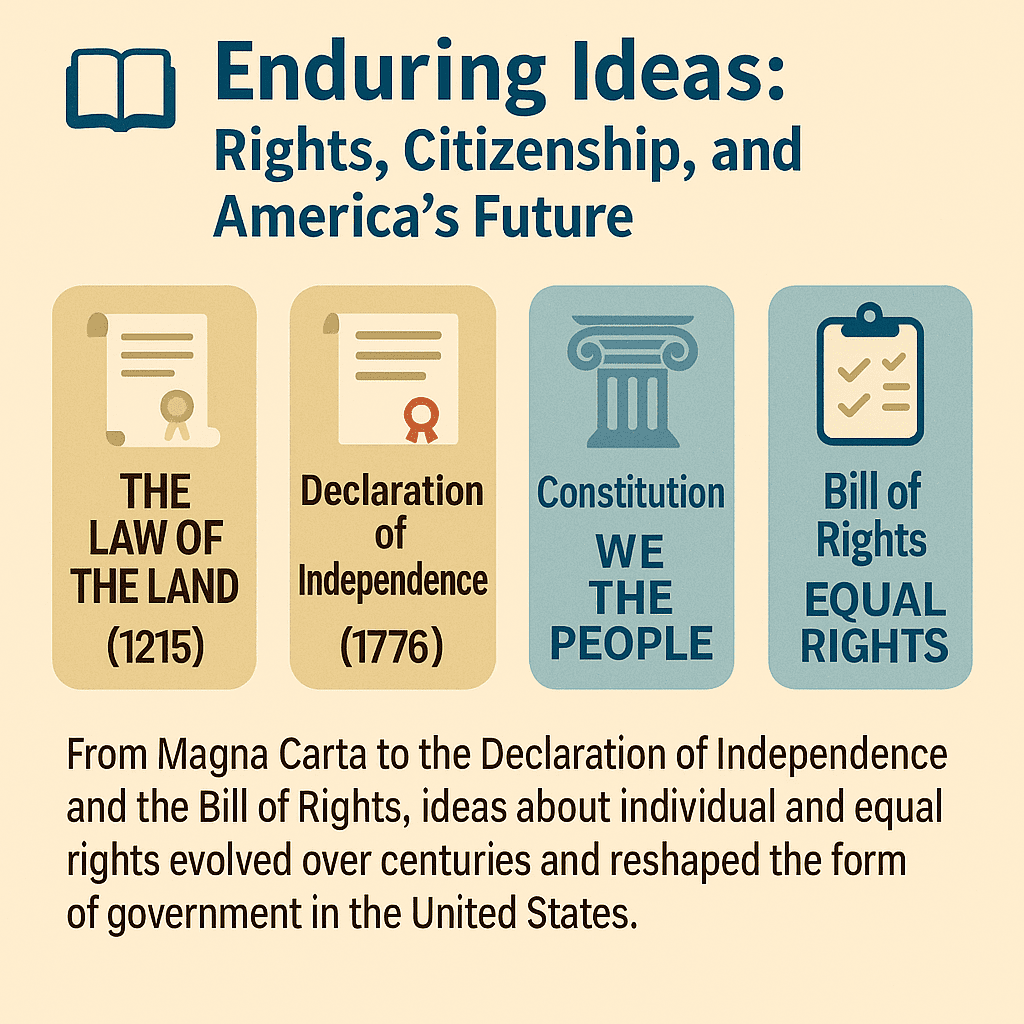Infographic comparing the Magna Carta, Declaration of Independence, Constitution, and Bill of Rights and their core ideas about individual and equal rights.