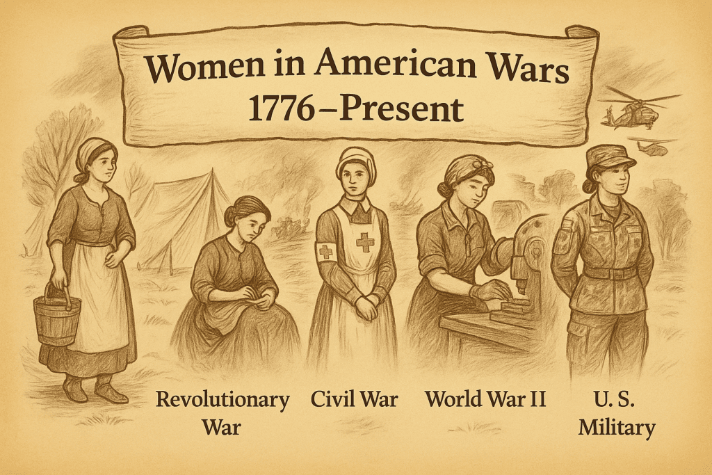 Sepia-toned hybrid historical-modern infographic on parchment-like background titled ‘Women in American Wars: 1776–Present.’ The graphic shows a timeline beginning with Revolutionary War camp followers cooking, carrying water, and mending uniforms; a Civil War nurse tending wounded soldiers; World War I women working in medical and communications roles; World War II women welding tanks and assembling machinery; and modern U.S. servicewomen in combat gear saluting. The central parchment banner emphasizes that women’s contributions, though often overlooked, were essential to every American conflict.
