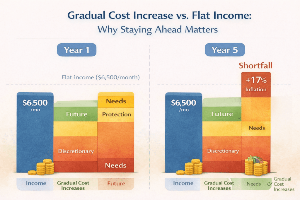 nfographic showing household expenses gradually rising each year due to inflation while income remains flat, illustrating how cost creep can erode financial stability over time.
