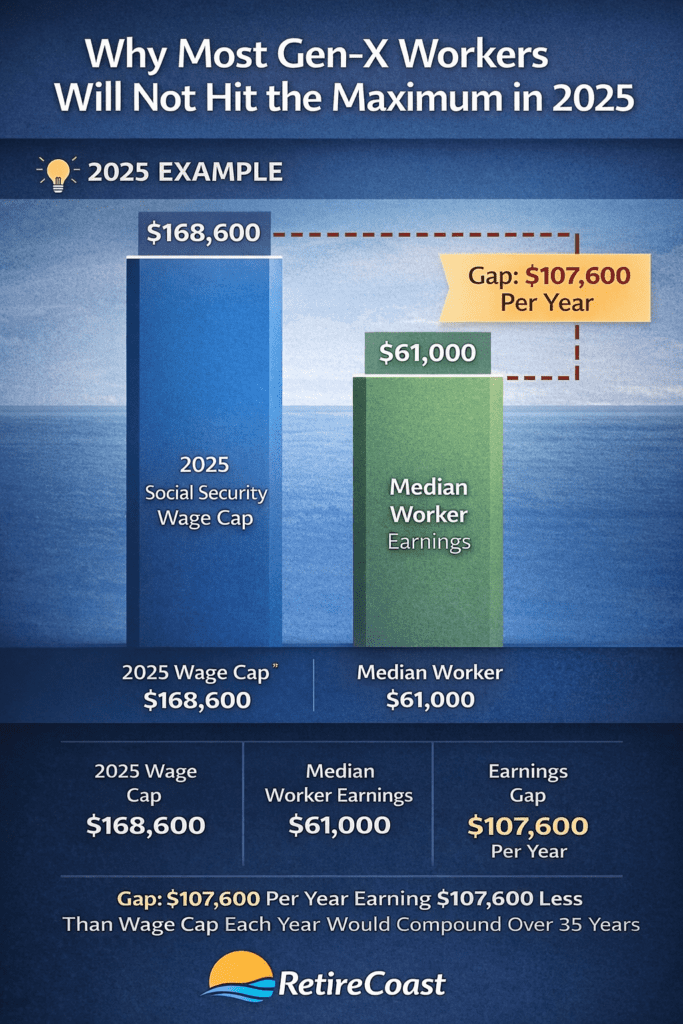 Infographic comparing the 2025 Social Security wage cap of $168,600 to median worker earnings of $61,000, showing a $107,600 annual gap for most Gen-X workers.