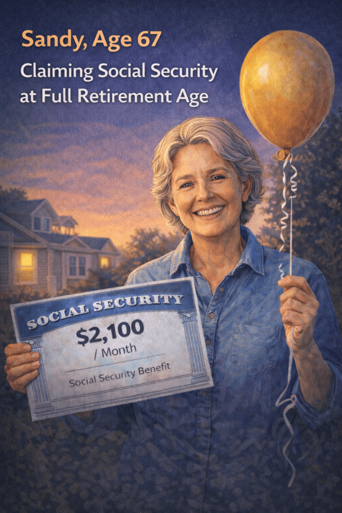 Sandy, age 67, smiling on her birthday while claiming Social Security at full retirement age, holding a sign showing her monthly benefit.