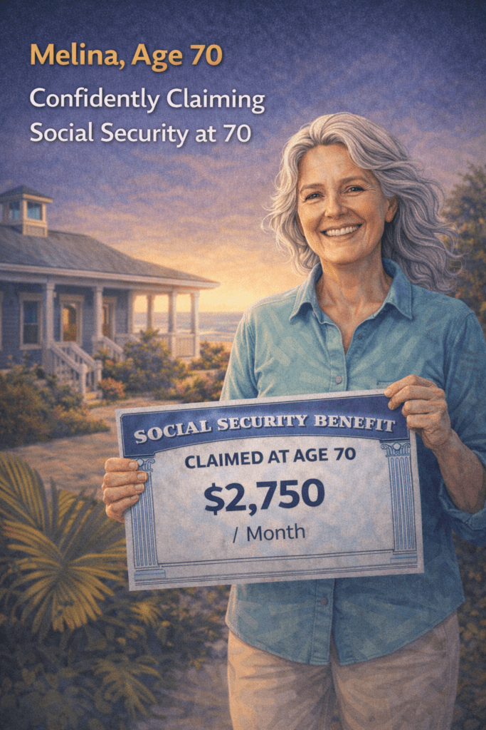 Melina, age 70, smiling while claiming Social Security at age 70, holding a sign showing her increased monthly benefit.