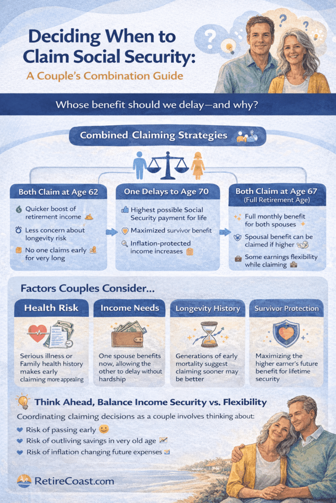 Infographic showing how married couples coordinate Social Security claiming decisions at ages 62, 67, and 70, including survivor benefits and income trade-offs.