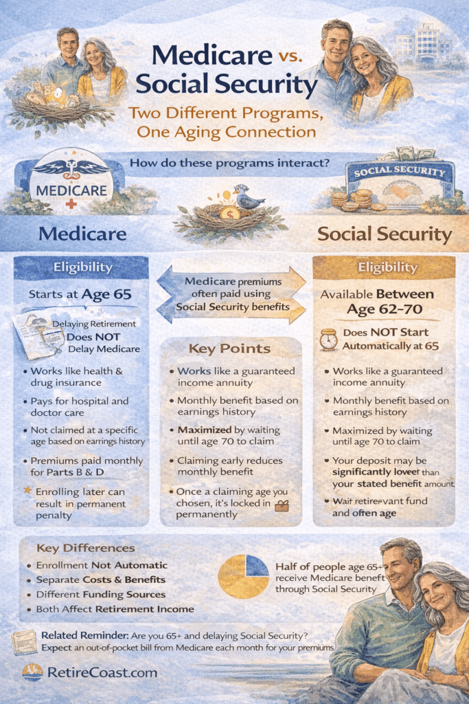 Infographic comparing Medicare and Social Security, showing eligibility ages, how each program works, and how Medicare premiums are often deducted from Social Security benefits.