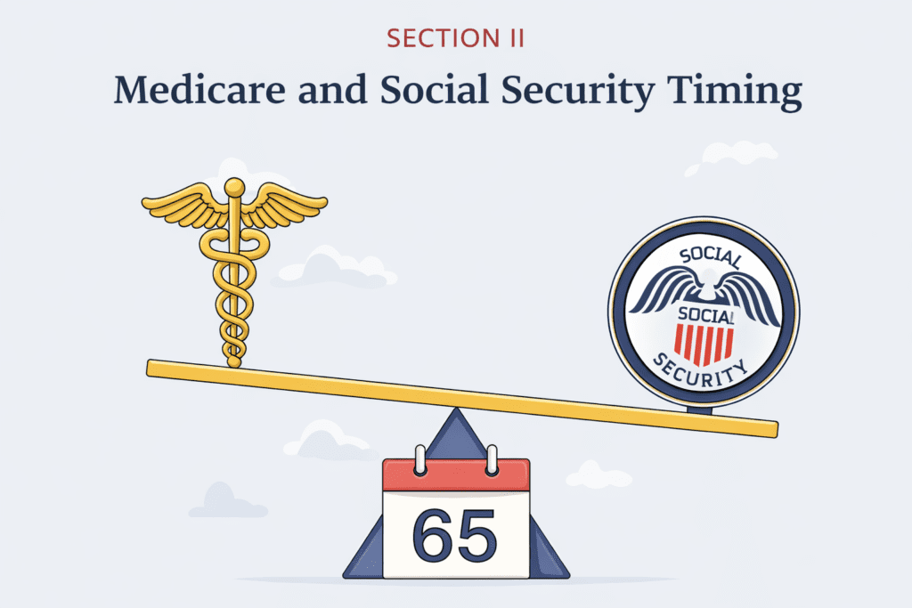 Illustration showing Medicare and Social Security timing decisions centered around age 65, including enrollment calendars and benefit choices
