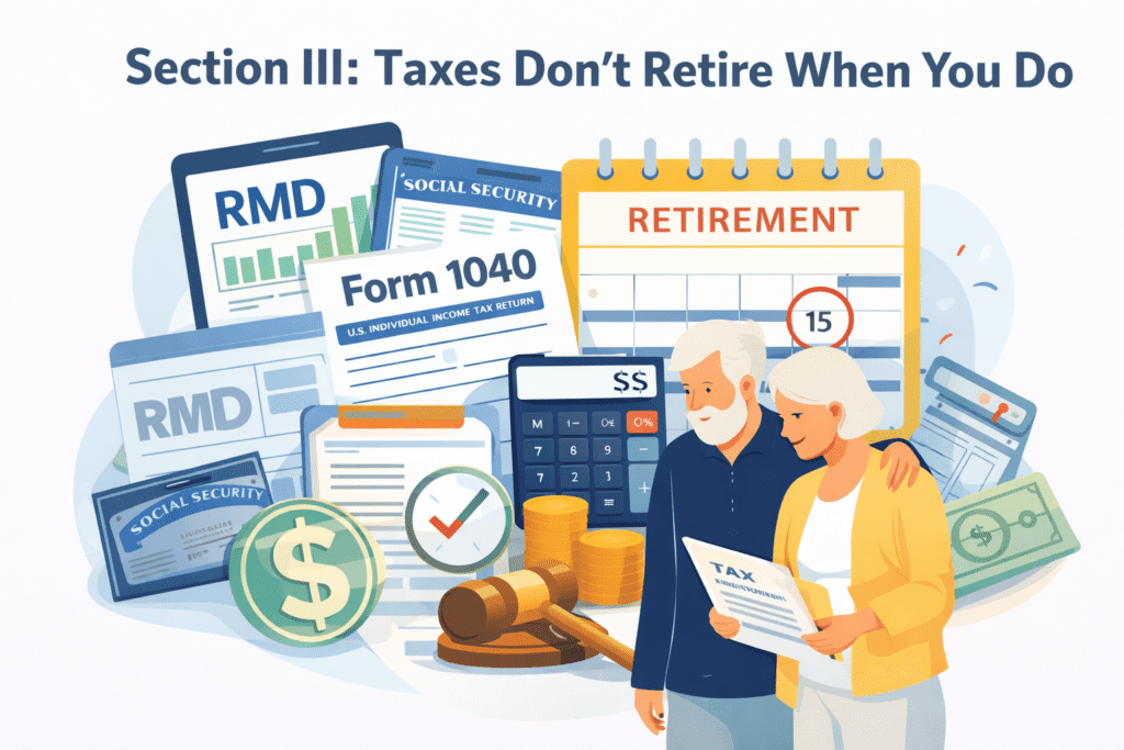 Illustration showing retirement tax planning concepts including Form 1040, required minimum distributions, Social Security income, and an older couple reviewing tax documents