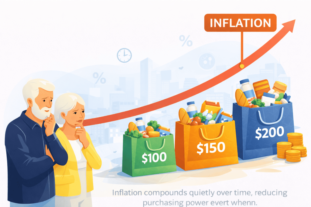 Illustration showing the rising cost of living over time and its impact on retirement purchasing power