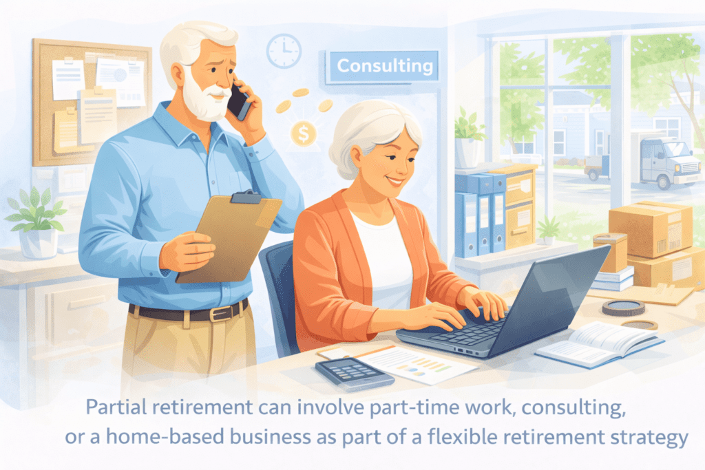 Illustration showing a retired couple working part time from a home office through consulting and a small home-based business as part of partial retirement