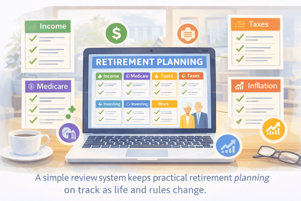 Illustration showing a retirement planning dashboard with checklists for income, Medicare, taxes, inflation, investing, and work decisions as part of practical retirement planning