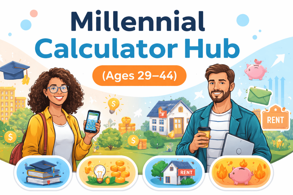 Millennial Calculator Hub banner showing financial tools for Millennials ages 29–44, including student loans, rent vs buy, savings, and side-hustle planning.