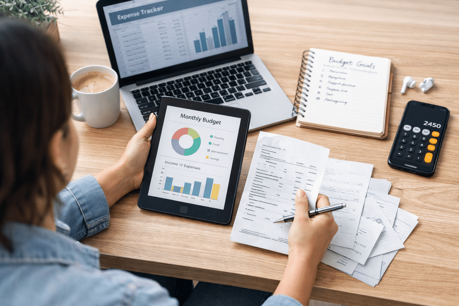 Millennial reviewing monthly budget to stabilize cash flow and track income versus expenses