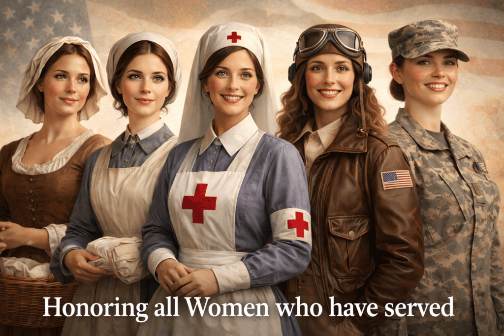 Montage honoring women who served across American history, from a Revolutionary War civilian woman to Civil War and World War I nurses, a World War II pilot, and a modern U.S. Army servicewoman, symbolizing generations of women in service.