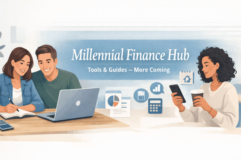 Millennial finance hub illustration showing young adults using financial planning tools and calculators
