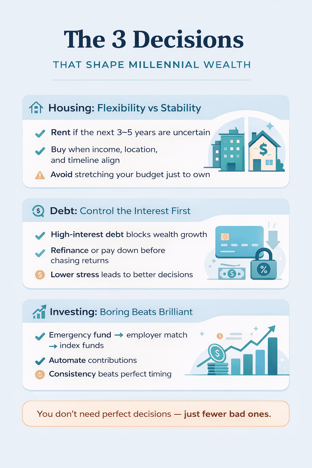 Infographic showing three millennial wealth decisions: housing, debt, and investing