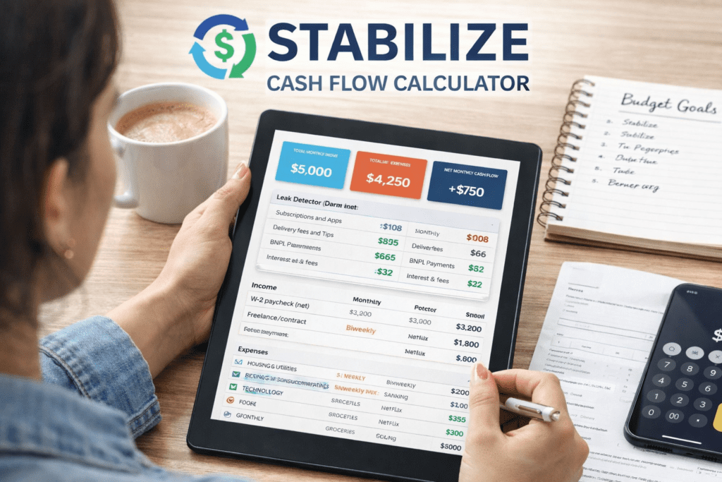 Millennial using a stabilize cash flow calculator to track income, expenses, and monthly budget leaks