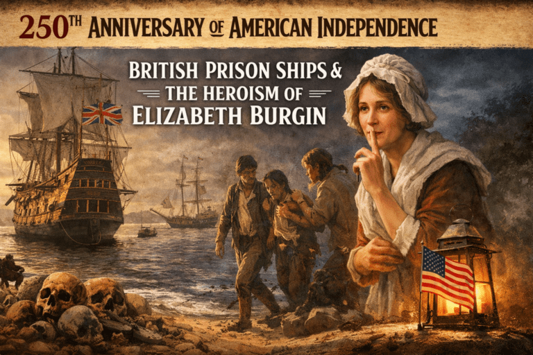 British prison ships anchored in Wallabout Bay during the Revolutionary War, with American prisoners and patriot Elizabeth Burgin aiding escapes, shown in a 250th Anniversary commemorative illustration.