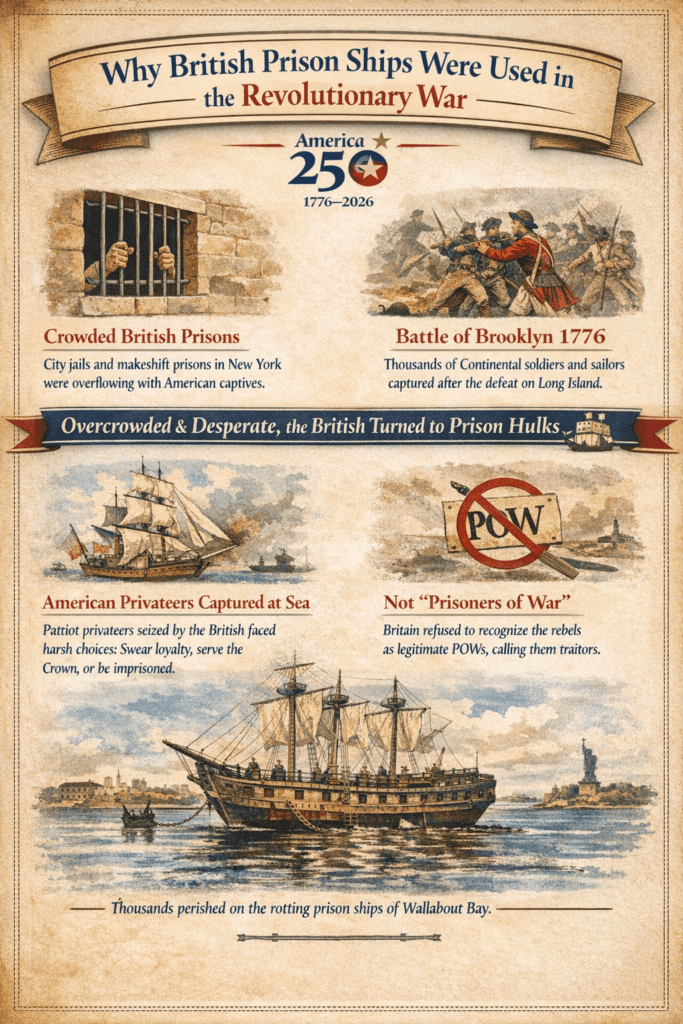 Infographic explaining why British prison ships were used during the Revolutionary War, showing overcrowded prisons, the Battle of Brooklyn, captured American privateers, and prison hulks at Wallabout Bay.