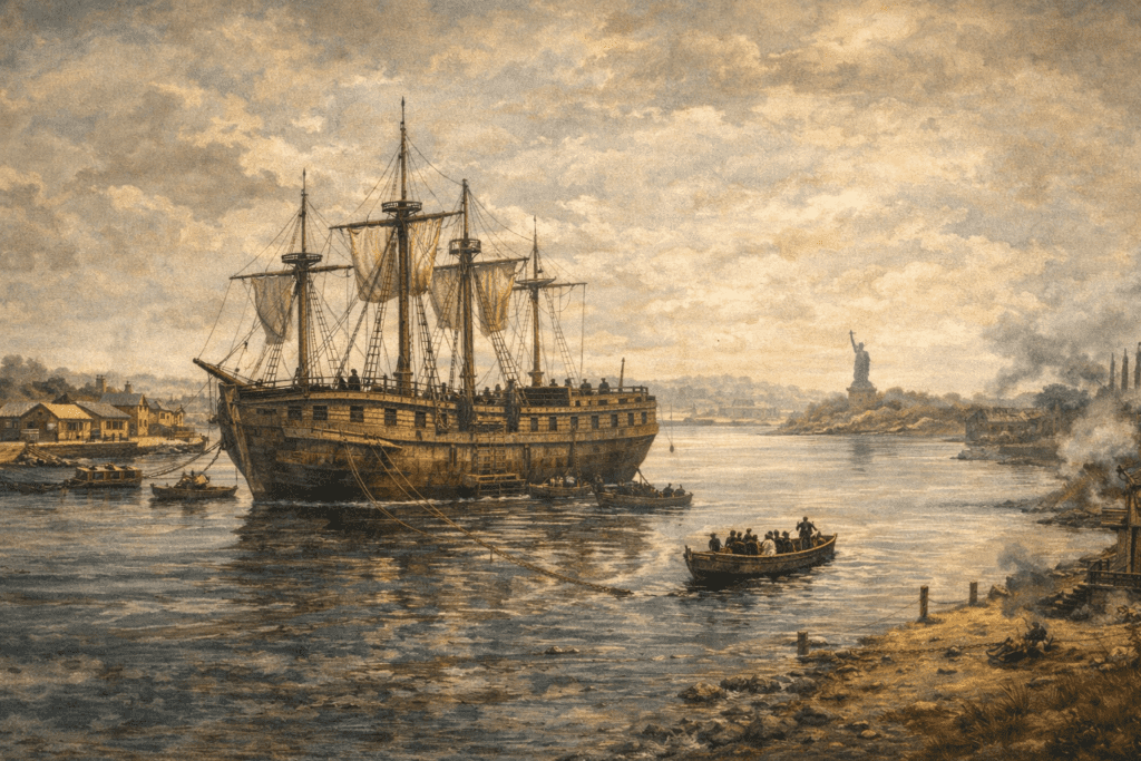Illustration of Wallabout Bay during the Revolutionary War showing British prison ships anchored in the East River near Brooklyn, with small boats moving prisoners to shore.