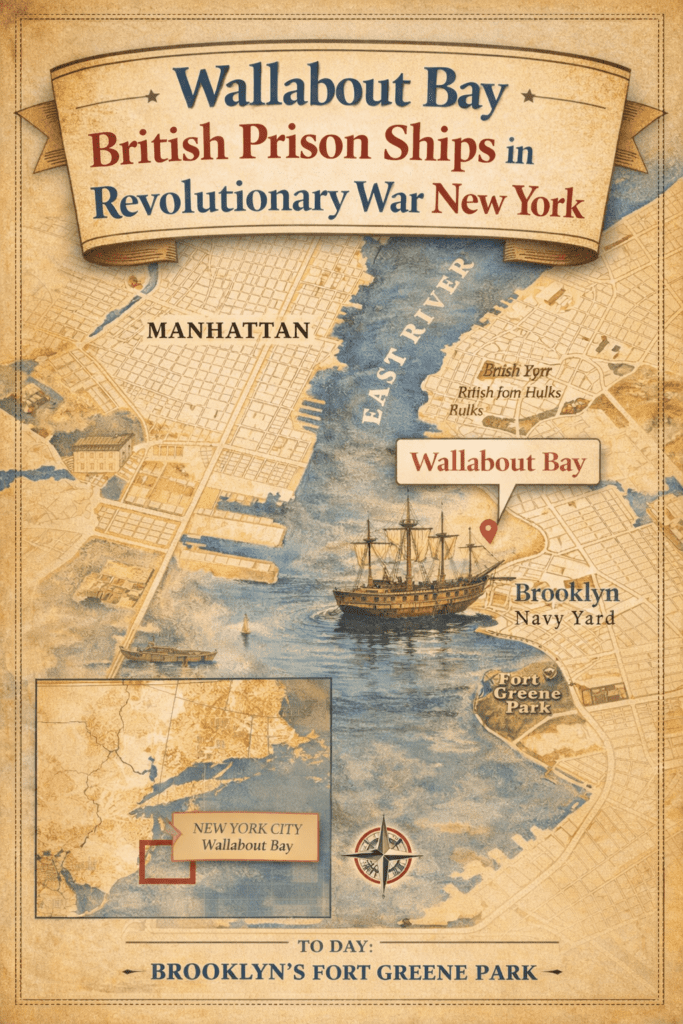 Map of Wallabout Bay during the Revolutionary War showing British prison ships anchored in the East River between Manhattan and Brooklyn, near the future Brooklyn Navy Yard and Fort Greene Park.