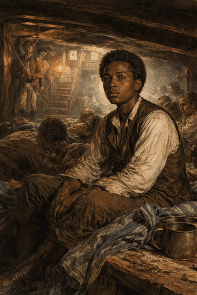 Illustration of James Forten, an African American American sailor, imprisoned aboard the British prison ship HMS Jersey during the Revolutionary War, shown among fellow prisoners below decks.