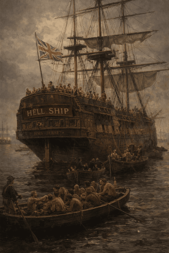 Historical illustration of the British prison ship HMS Jersey anchored in New York Harbor during the Revolutionary War, with American prisoners crowded on deck and being ferried aboard from small boats.