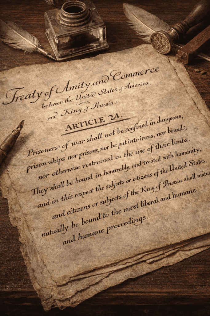 Close-up illustration of the 1785 Treaty of Amity and Commerce showing Article 24, which prohibits the confinement of prisoners of war in prison ships, with quill pens and an inkwell on a wooden desk.
