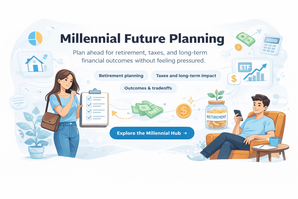 Millennial future planning illustration showing long-term financial decisions including retirement planning, taxes, investing, and major life tradeoffs.