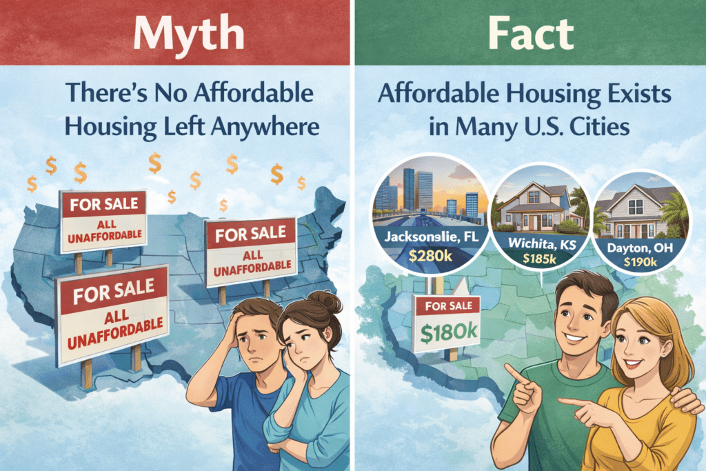 Side-by-side infographic comparing the housing myth that there is no affordable housing left anywhere with the reality that affordable homes still exist in many U.S. cities, including examples such as Jacksonville, Wichita, and Dayton.