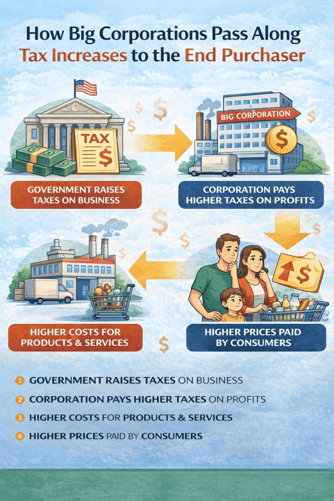 Infographic illustrating how corporate tax increases are passed through to consumers, showing a sequence from government tax hikes to higher business costs and ultimately higher prices paid by households for goods and services.