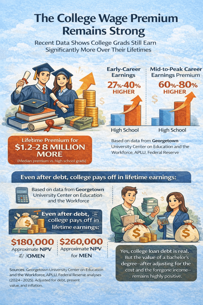 Infographic showing that the college wage premium remains strong over a career, with bachelor’s degree holders earning $1.2–2.8 million more over a lifetime than high school graduates, higher early-career and mid-career earnings, and positive net present value even after student loan debt.