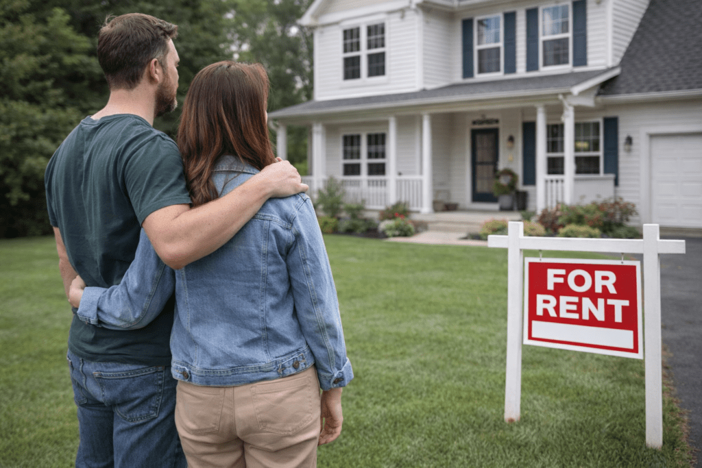 Millennial couple standing on a lawn looking at a suburban house with a “For Rent” sign, illustrating the challenge of renting versus buying a home in today’s housing market.