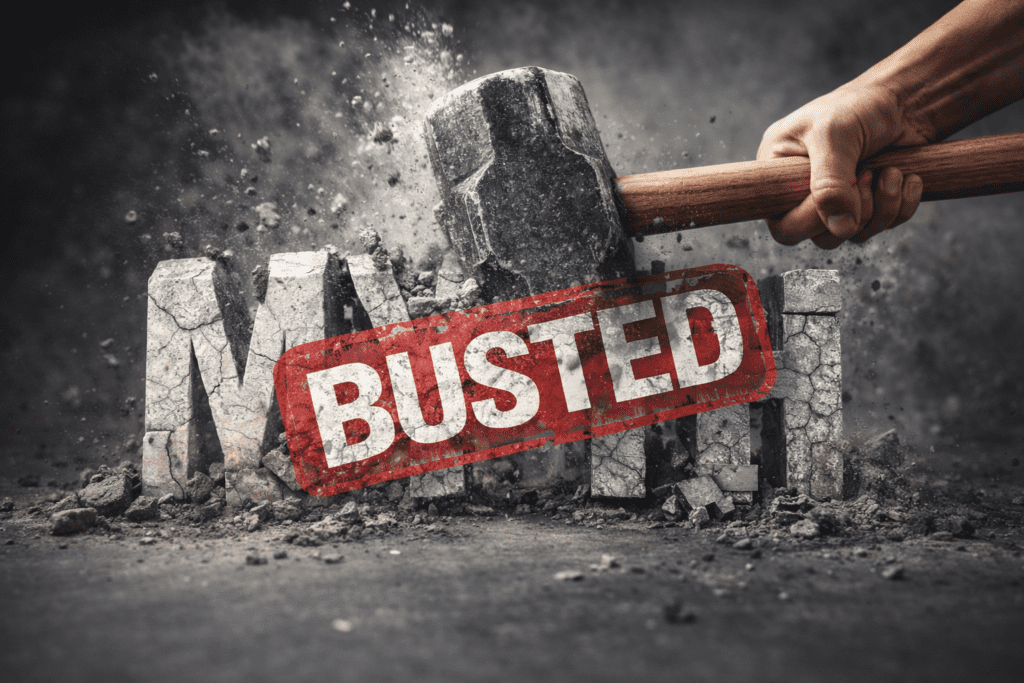 Image showing the word “MYTH” carved in stone being smashed by a sledgehammer with a red “BUSTED” stamp, symbolizing the process of debunking false beliefs with facts and evidence.
