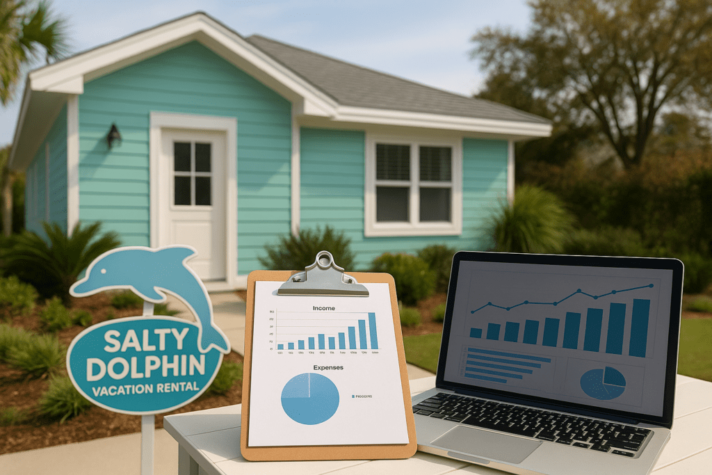 Salty Dolphin vacation rental home with dolphin-shaped sign, laptop and clipboard displaying income and expense charts for rental property NOI analysis.