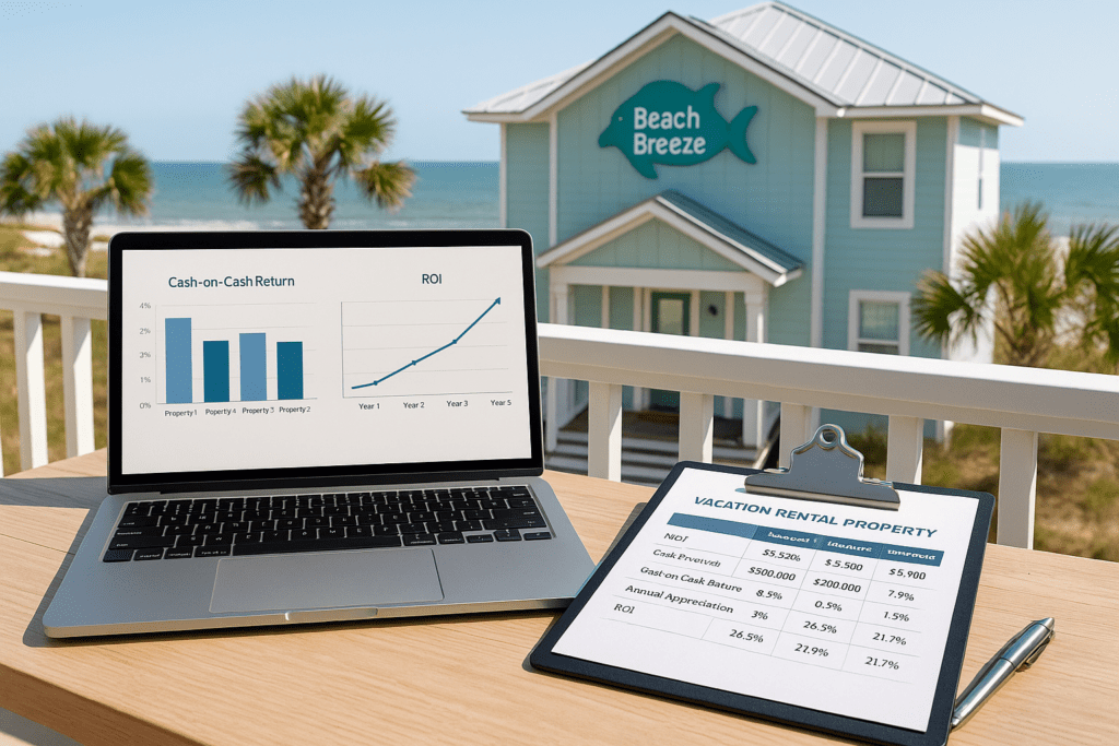 Vacation rental ROI comparison showing laptop charts and clipboard analyzing cash-on-cash return and ROI for three properties