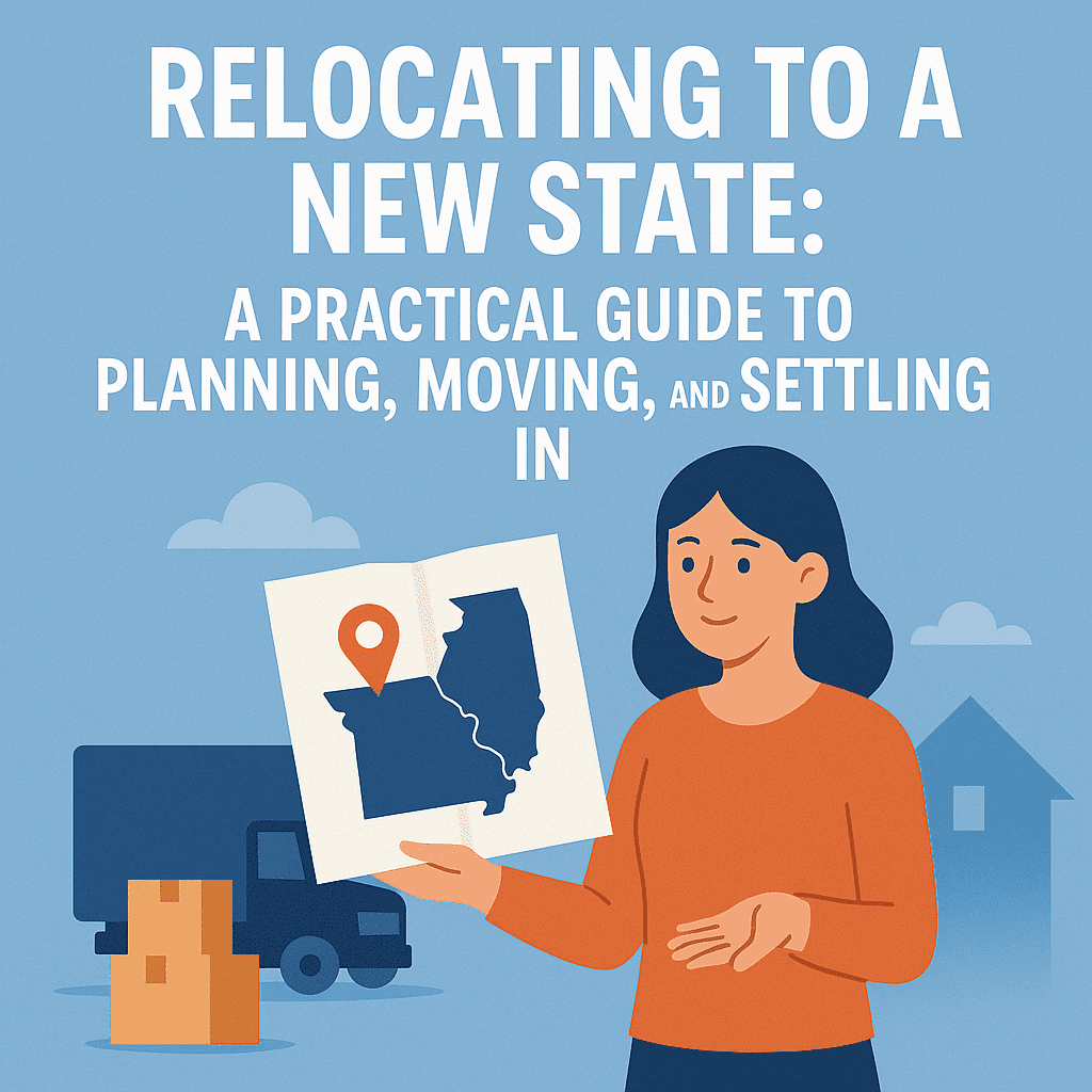 Illustrated hero graphic showing a woman holding a U.S. state map with a location pin, standing beside a moving truck, cardboard boxes, and a house silhouette. The title “Relocating to a New State: A Practical Guide to Planning, Moving, and Settling In” appears above her, representing moving, planning, and settling into a new home.