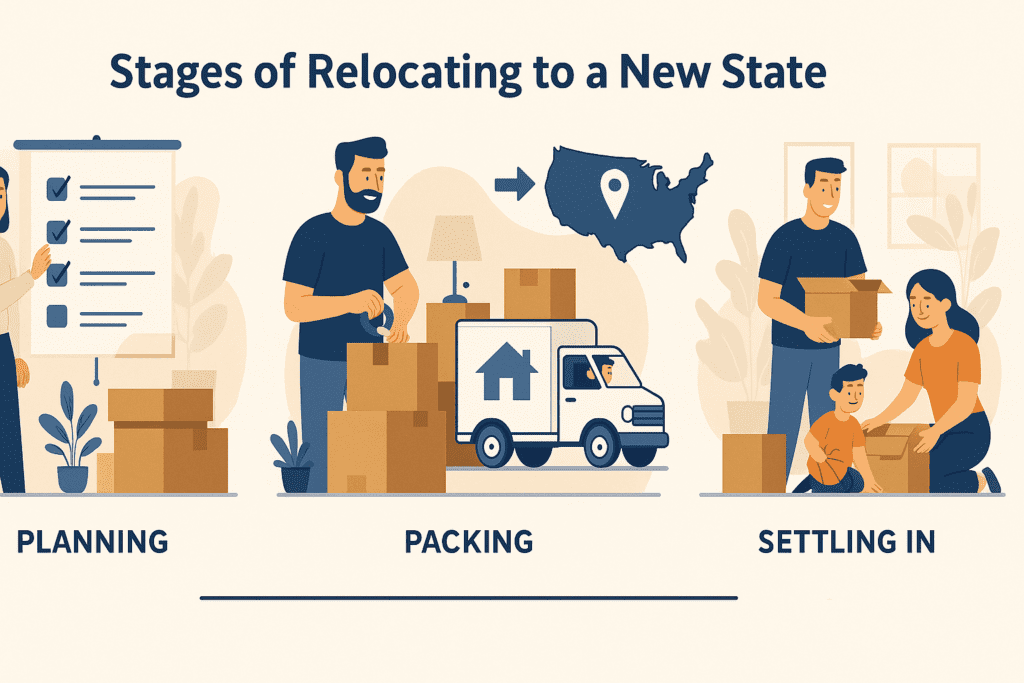 Illustration showing the stages of relocating to a new state, including planning, packing, moving day, and settling into a new home.