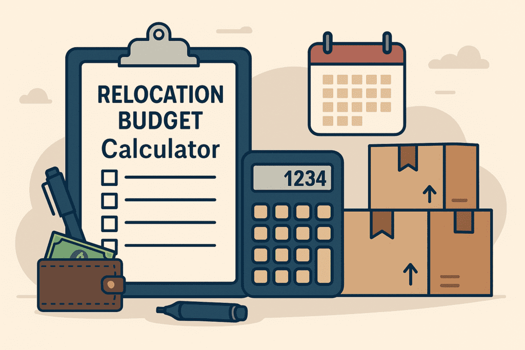 Relocation budget calculator helping estimate moving costs such as movers, deposits, travel, and storage when moving to a new state.